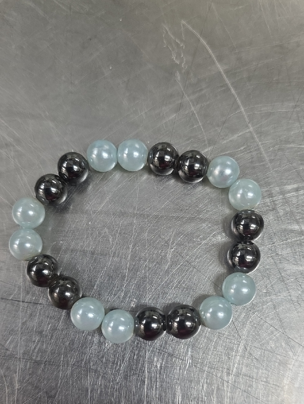 Elegant Hematite and Light Blue Bead Stretch Bracelet - Women Jewelry